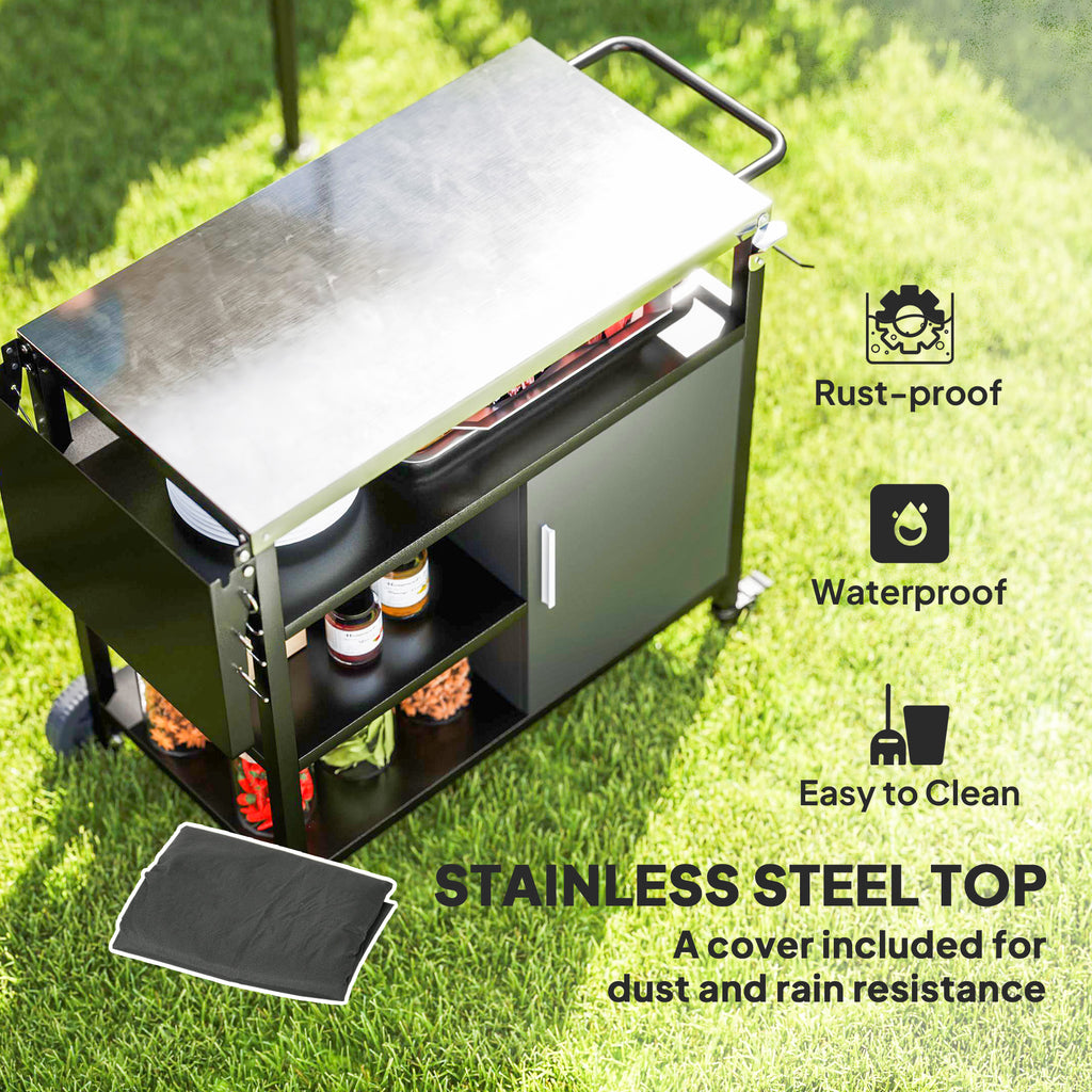 Outsunny Outdoor BBQ Trolley with Foldable Side Table, Stainless Steel Top, Outdoor Kitchen with Wheels Hooks Shelves Cabinet, Pizza Oven Table Movable Barbecue Grill Dining Cart with Cover, Black