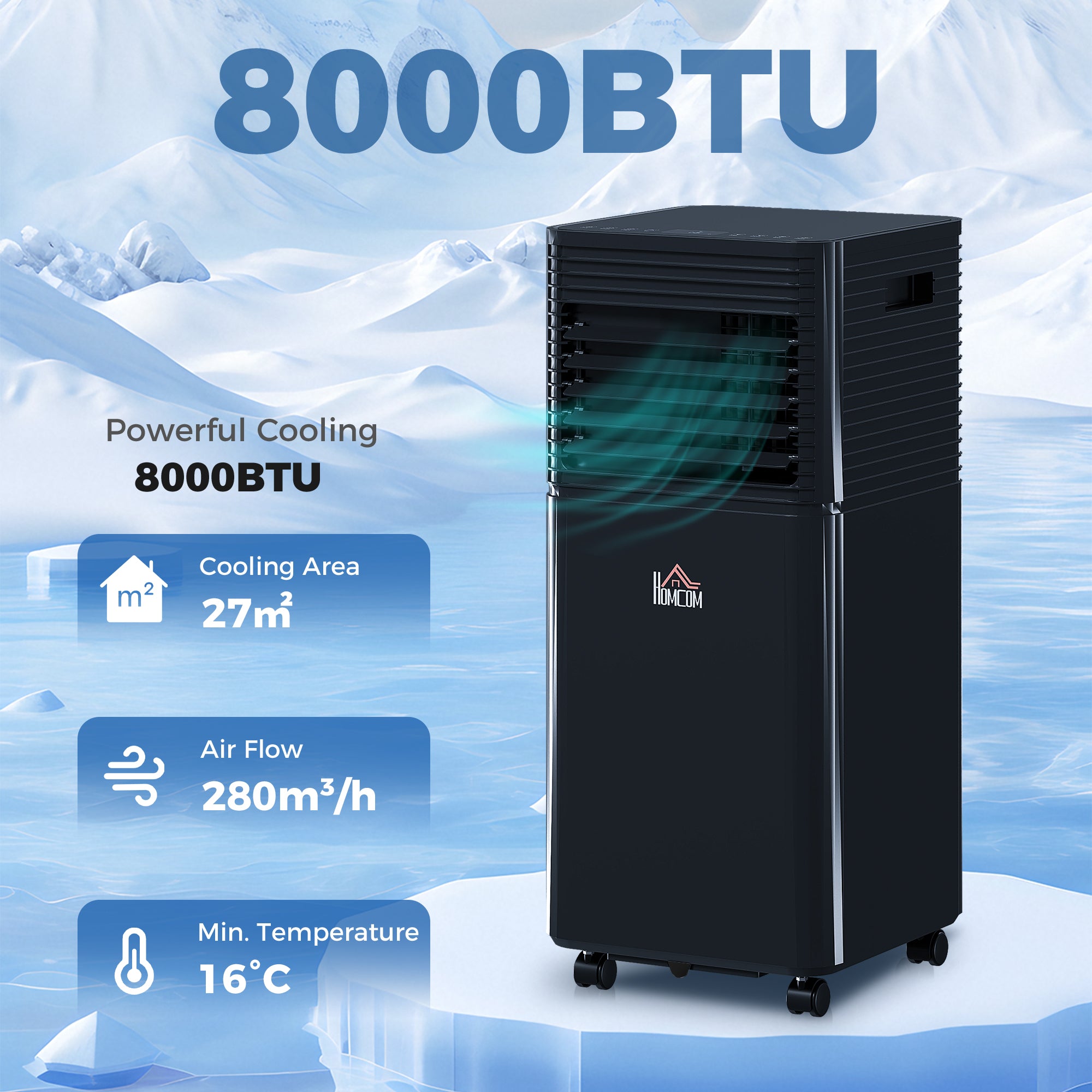 8000 BTU 4-In-1 Portable Air Conditioner Unit Cooling Dehumidifying Ventilating  for Room up to 27m², with Fan, Remote, 24H Timer, Window Mount Kit, R290, A Energy Efficiency