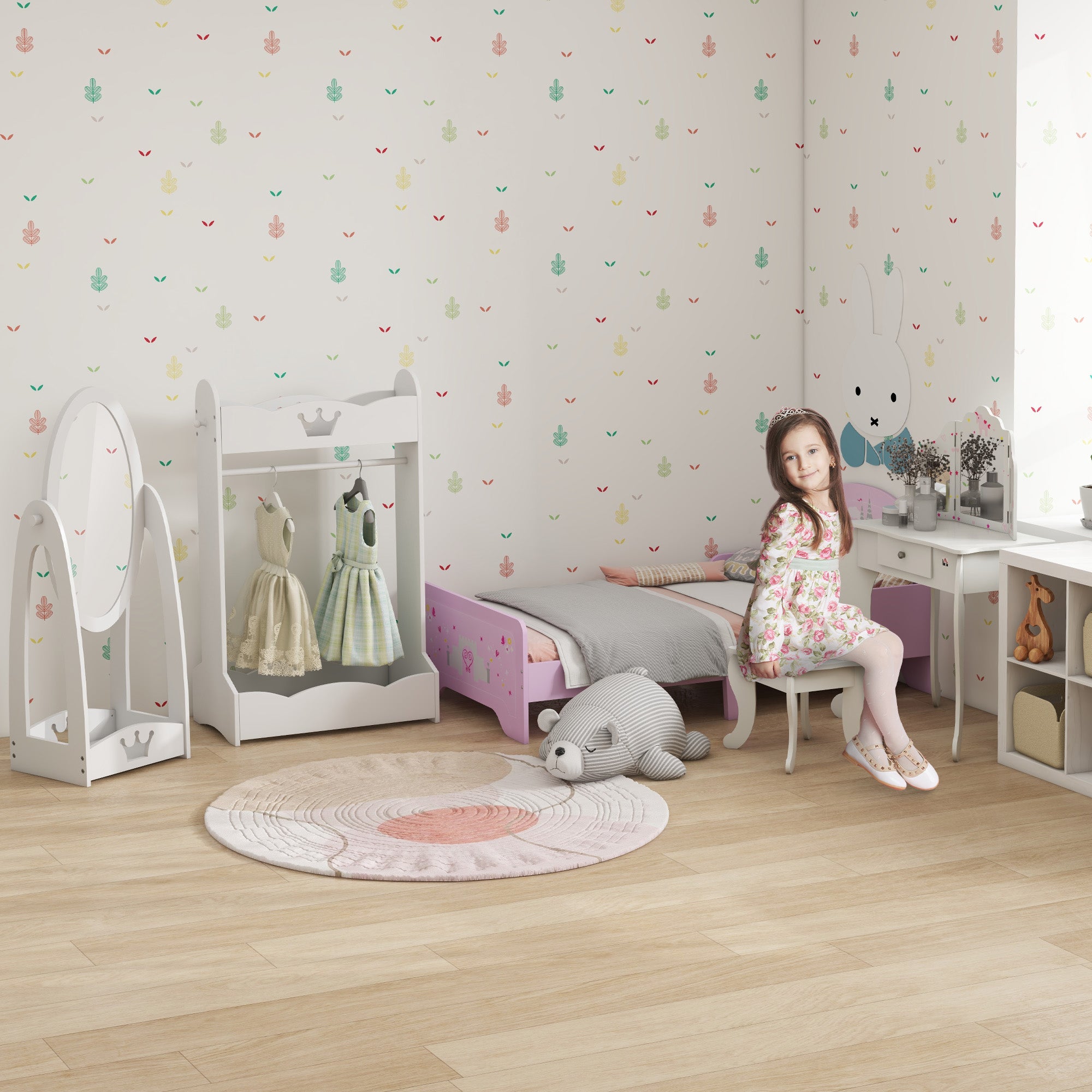 HOMCOM Kids Vanity Table and Chair Set with Tri-Folding Mirror and Stool, Makeup Dressing Table with Drawer, White