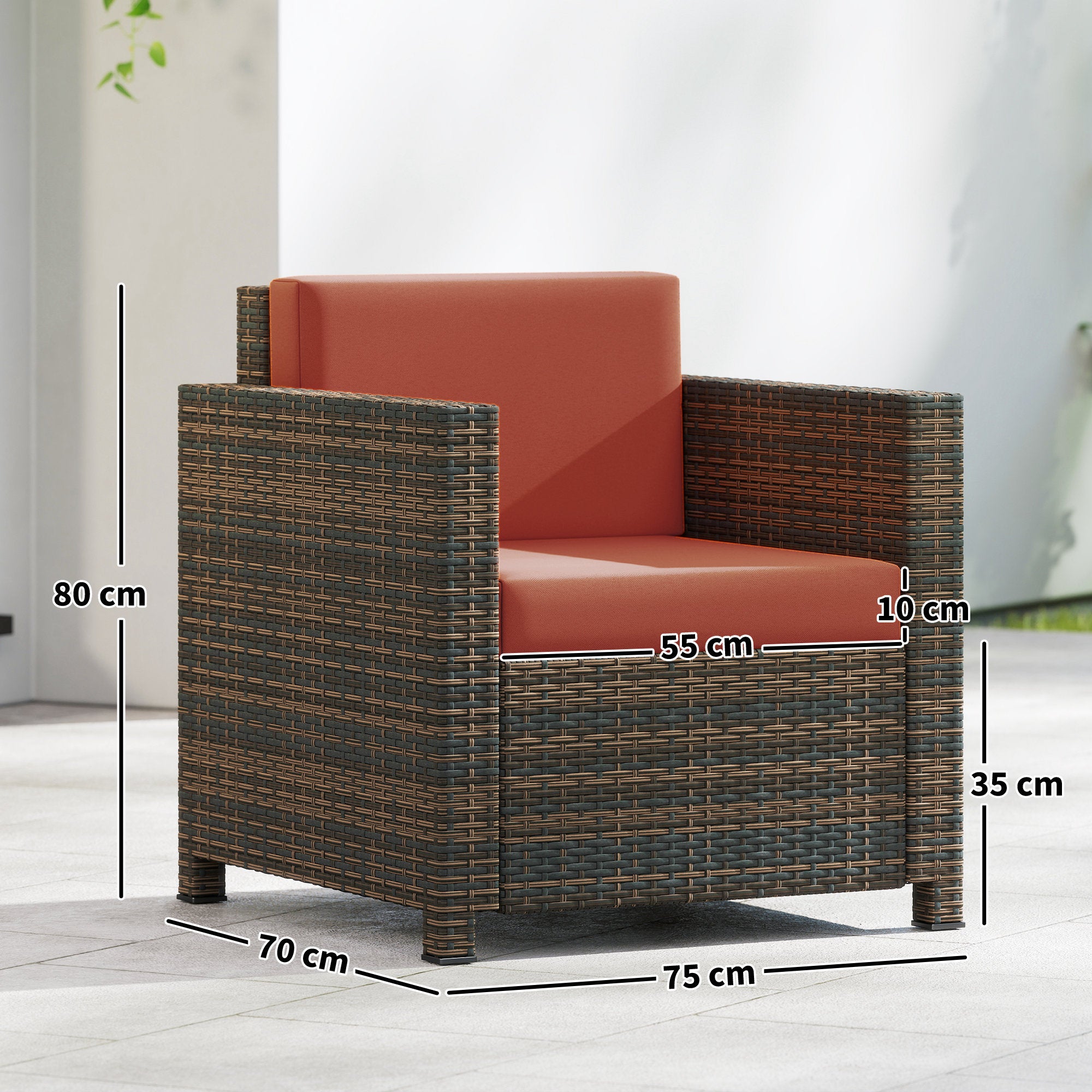 Outsunny PE Rattan Garden Armchair with Cushion - Mixed Brown/Orange