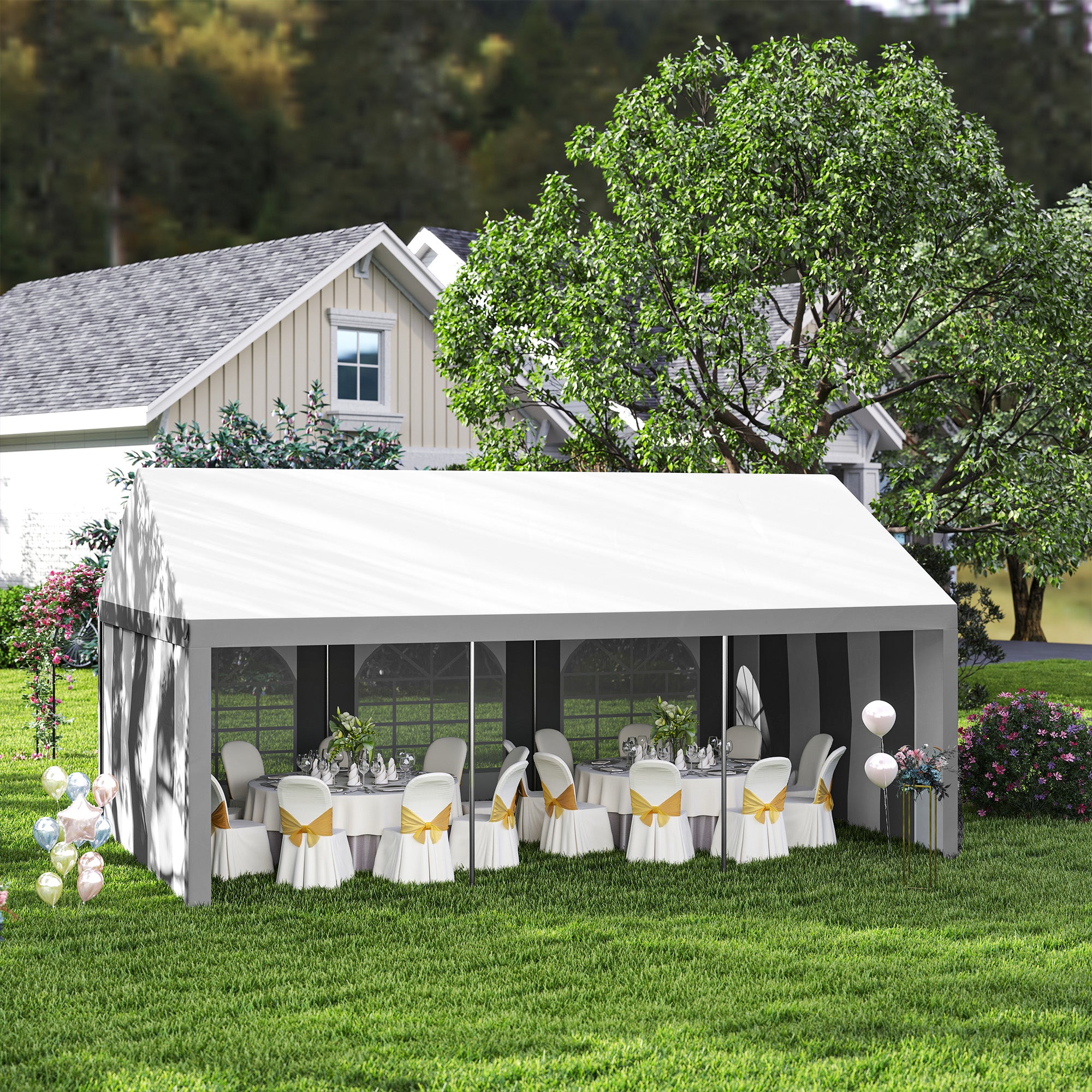 Outsunny 6 x 4m Galvanised Party Tent, Marquee Gazebo with Sides, Six Windows and Double Doors, for Parties, Wedding and Events