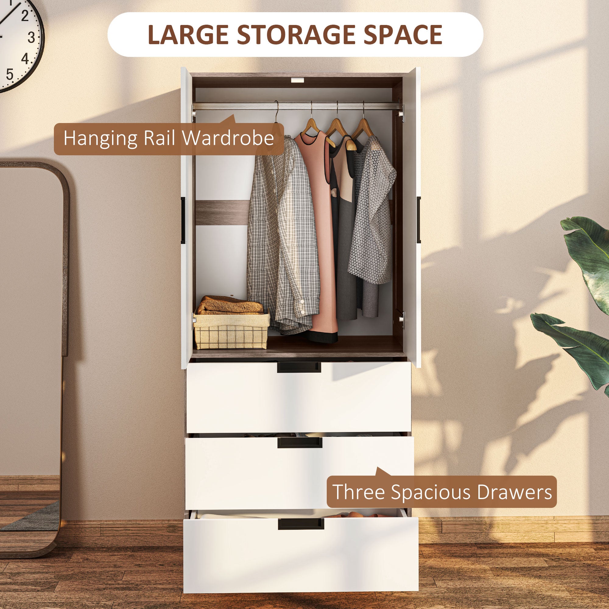 Modern Clothes Storage Cupboard Unit, 3 Drawer 2 Door Wardrobe with Hanging Rod, White/Brown
