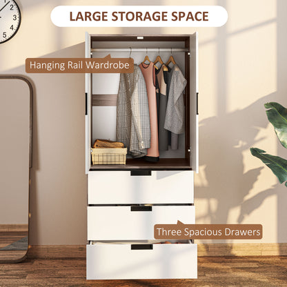 Modern Clothes Storage Cupboard Unit, 3 Drawer 2 Door Wardrobe with Hanging Rod, White/Brown