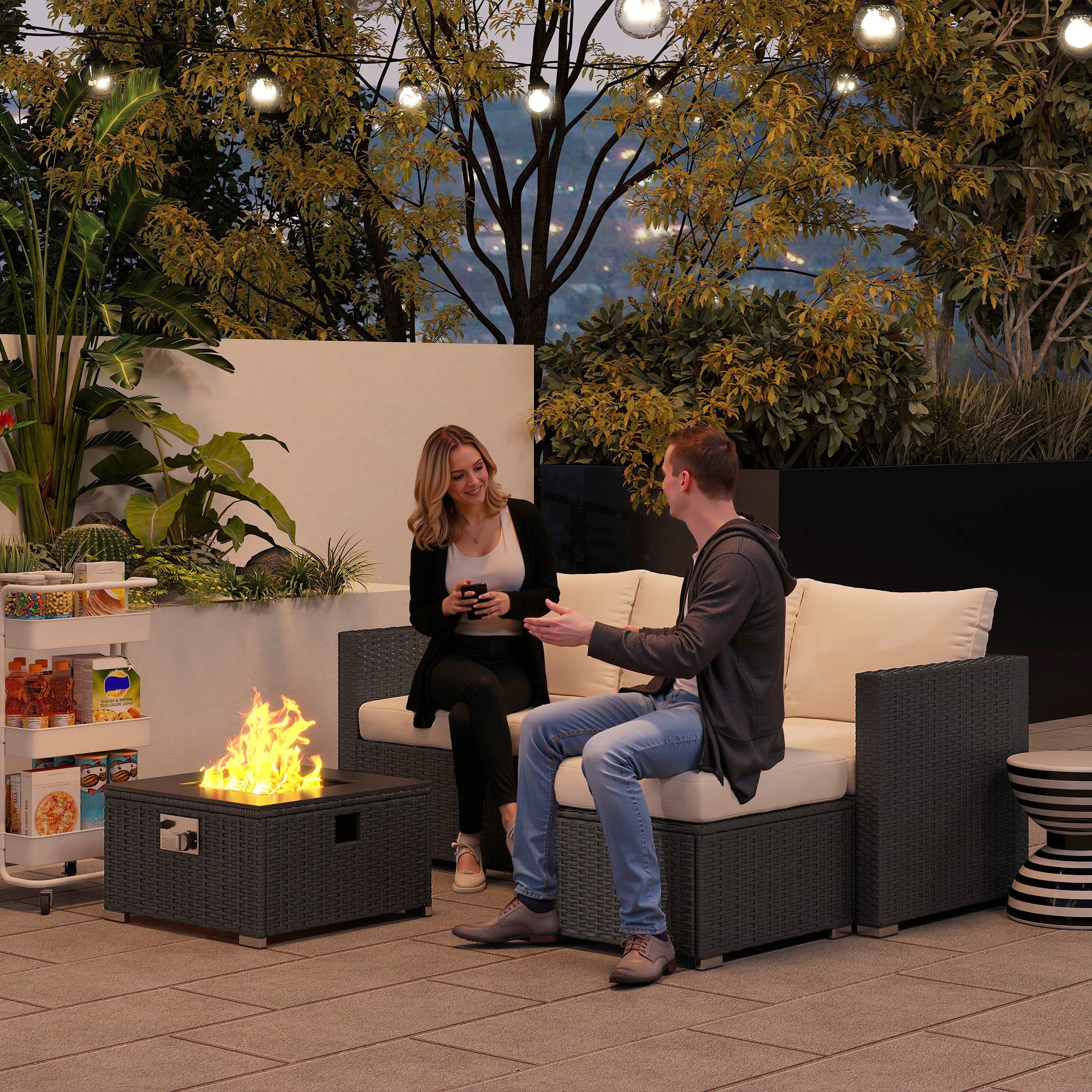 Outsunny Five Piece Rattan Garden Furniture Set with Gas Fire Pit Table and Footstool - Black and Cream White