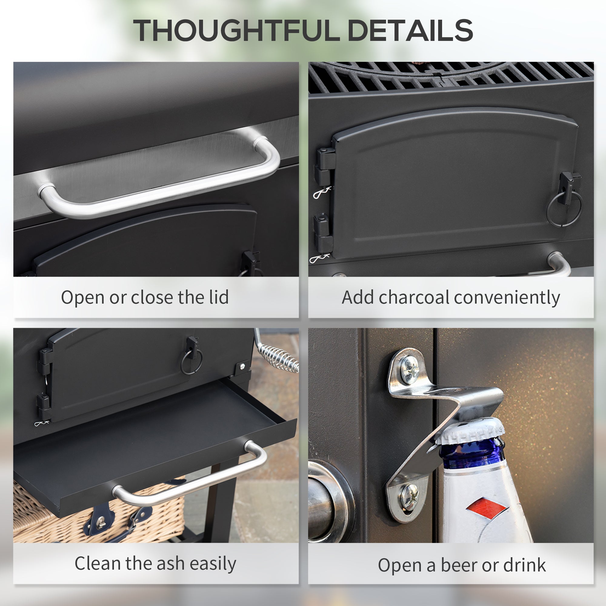 Outsunny 3-in-1 Charcoal BBQ, with Shelves - Black