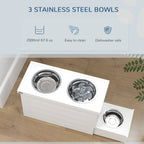 PawHut Raised Dog Bowls w/ Slow Feeder Mat, Storage Cabinet, Three Stainless Steel Bowls, Semi Auto Dispenser Function, White