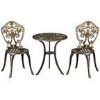 Outsunny 3 Piece Cast Aluminium Garden Bistro Set for 2 with Parasol Hole, Outdoor Coffee Table Set, Two Armless Chairs and Round Coffee Table for Balcony, Patio, Bronze