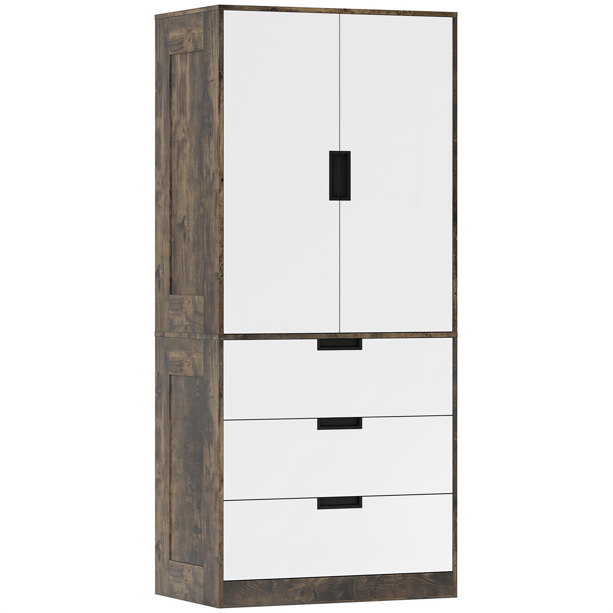 Modern Clothes Storage Cupboard Unit, 3 Drawer 2 Door Wardrobe with Hanging Rod, Rustic Brown