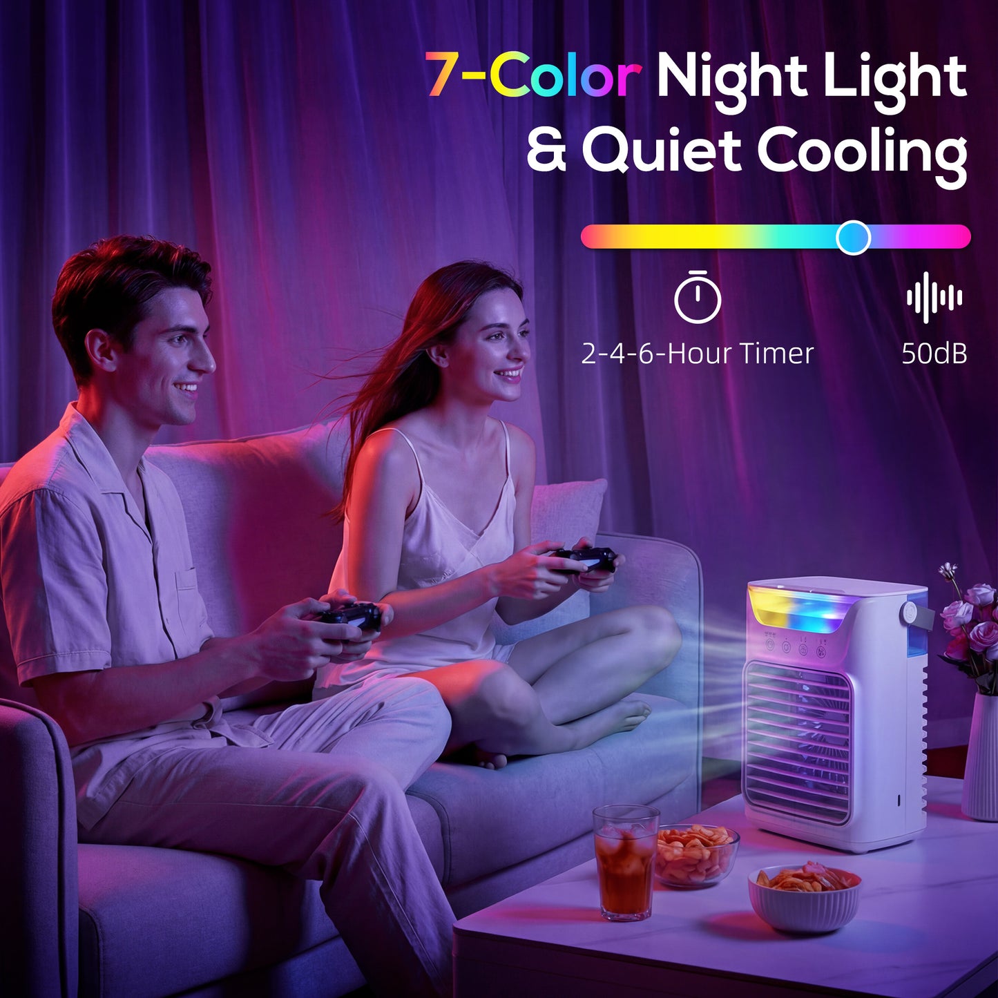 Air Cooler with Adjustable Head, Portable Air Conditioner with 3 Wind Speed, 2 Cool Mist, RGB Light, White