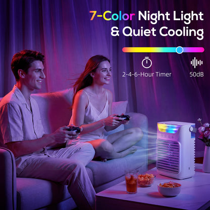 Air Cooler with Adjustable Head, Portable Air Conditioner with 3 Wind Speed, 2 Cool Mist, RGB Light, White