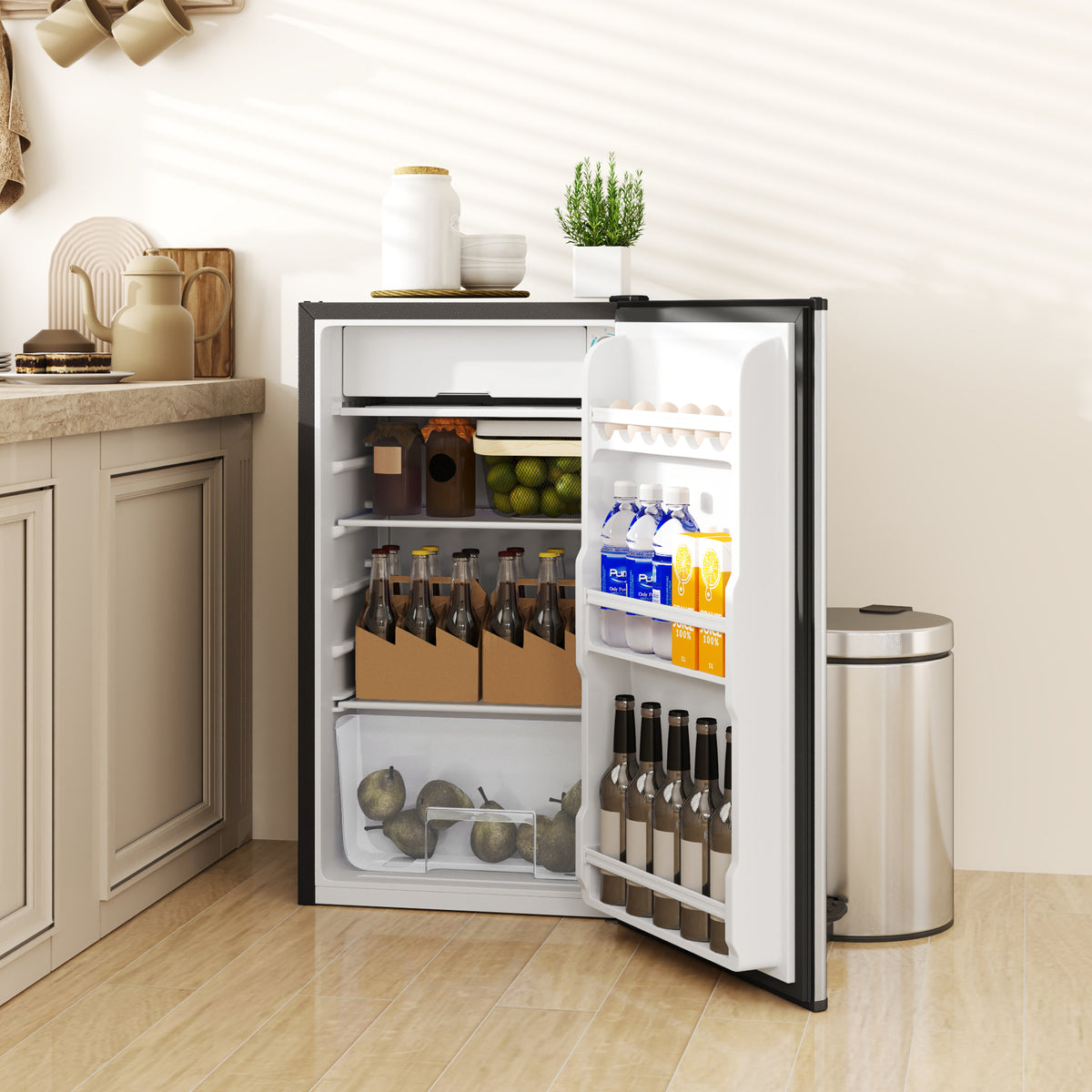 Under Counter Fridge, 91L Small Fridge with Chiller Box, Removable Shelf, Reversible Door, Adjustable Legs, Mini Refrigerator,  Silver Tone