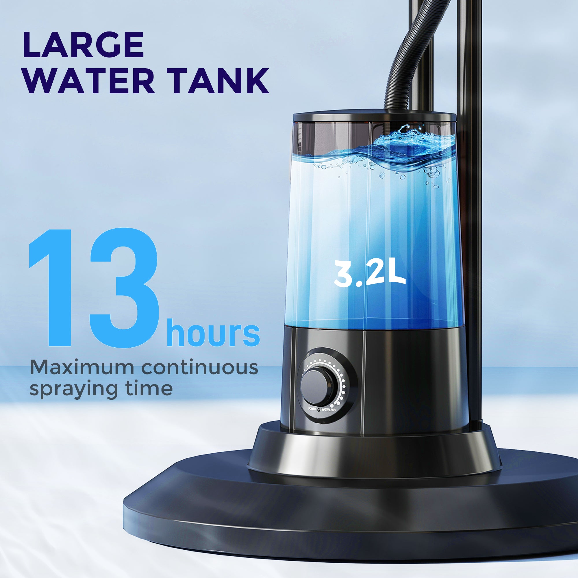 Pedestal Fan with Water Mist Spray, Spray Misting Fan with 70° Oscillation, Tilt Head, 3 Speeds, 3 Modes, Adjustable Mist, 3.2L Water Tank, for Home, 120 cm