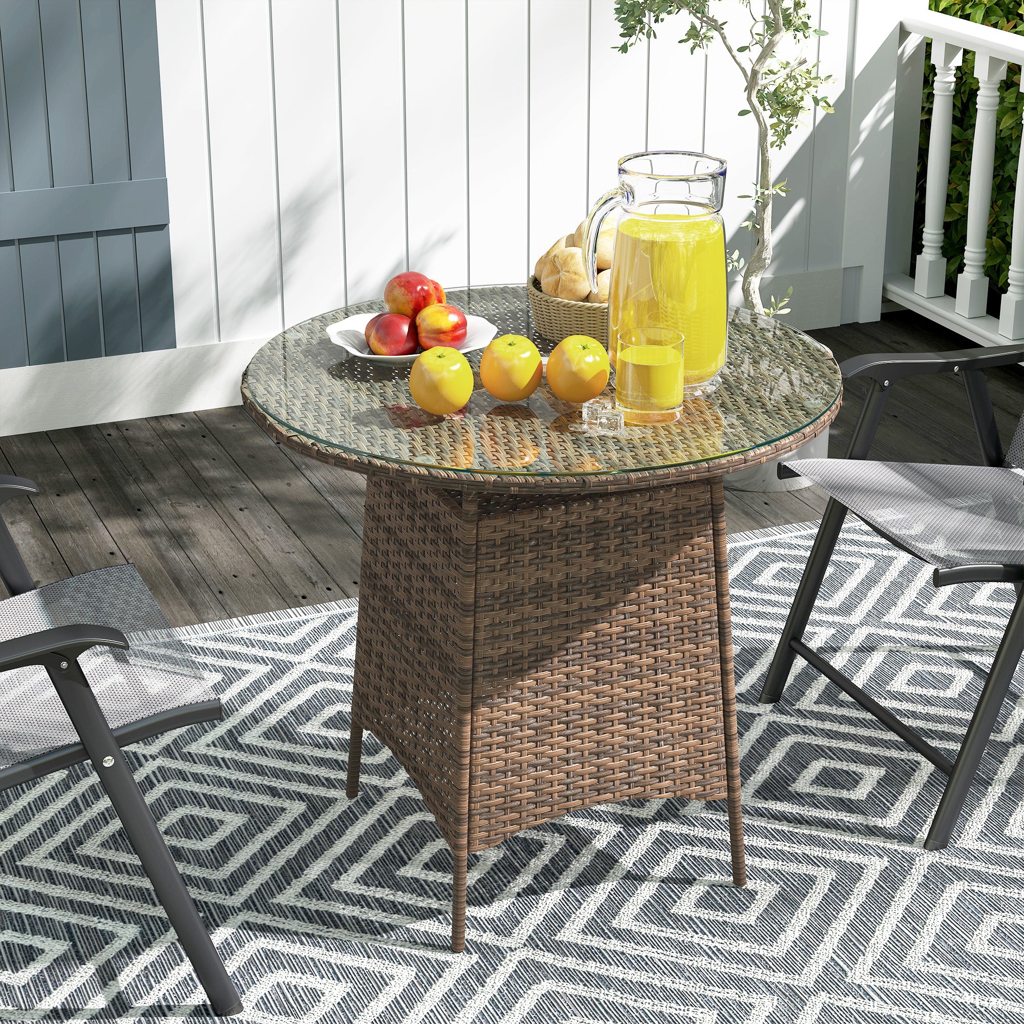 Outsunny Wicker Garden Rattan Table, Patio Furniture Outdoor Coffee Table with Umbrella Hole and Tempered Glass Top, Brown