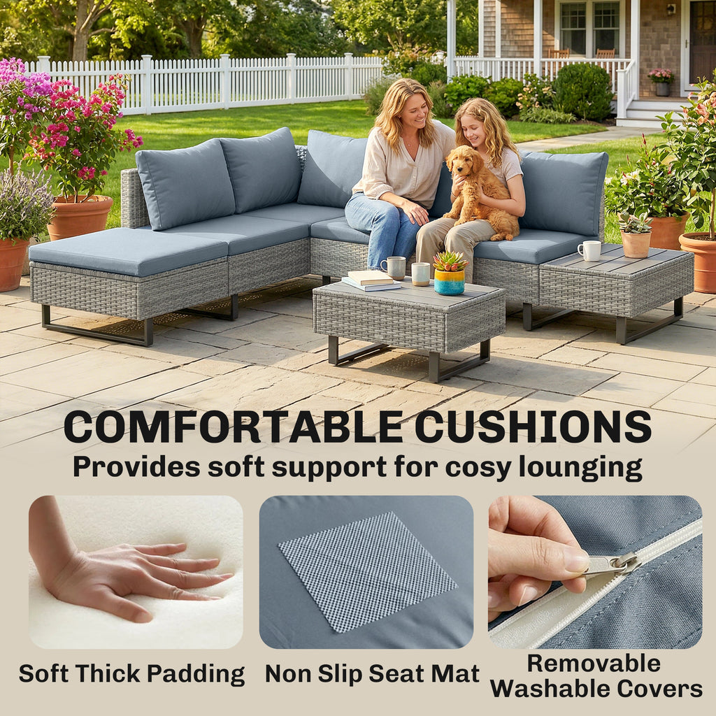 Outsunny 5 Seater Rattan Garden Furniture Set, L Shaped Garden Corner Sofa, Adjustable Back, Faux Wood Tables, Grey