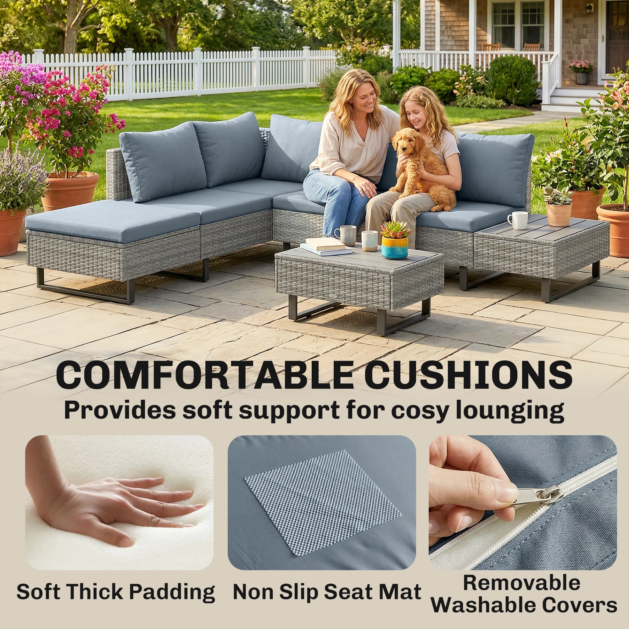 Outsunny 5 Seater Rattan Garden Furniture Set, L Shaped Garden Corner Sofa, Adjustable Back, Faux Wood Tables, Grey