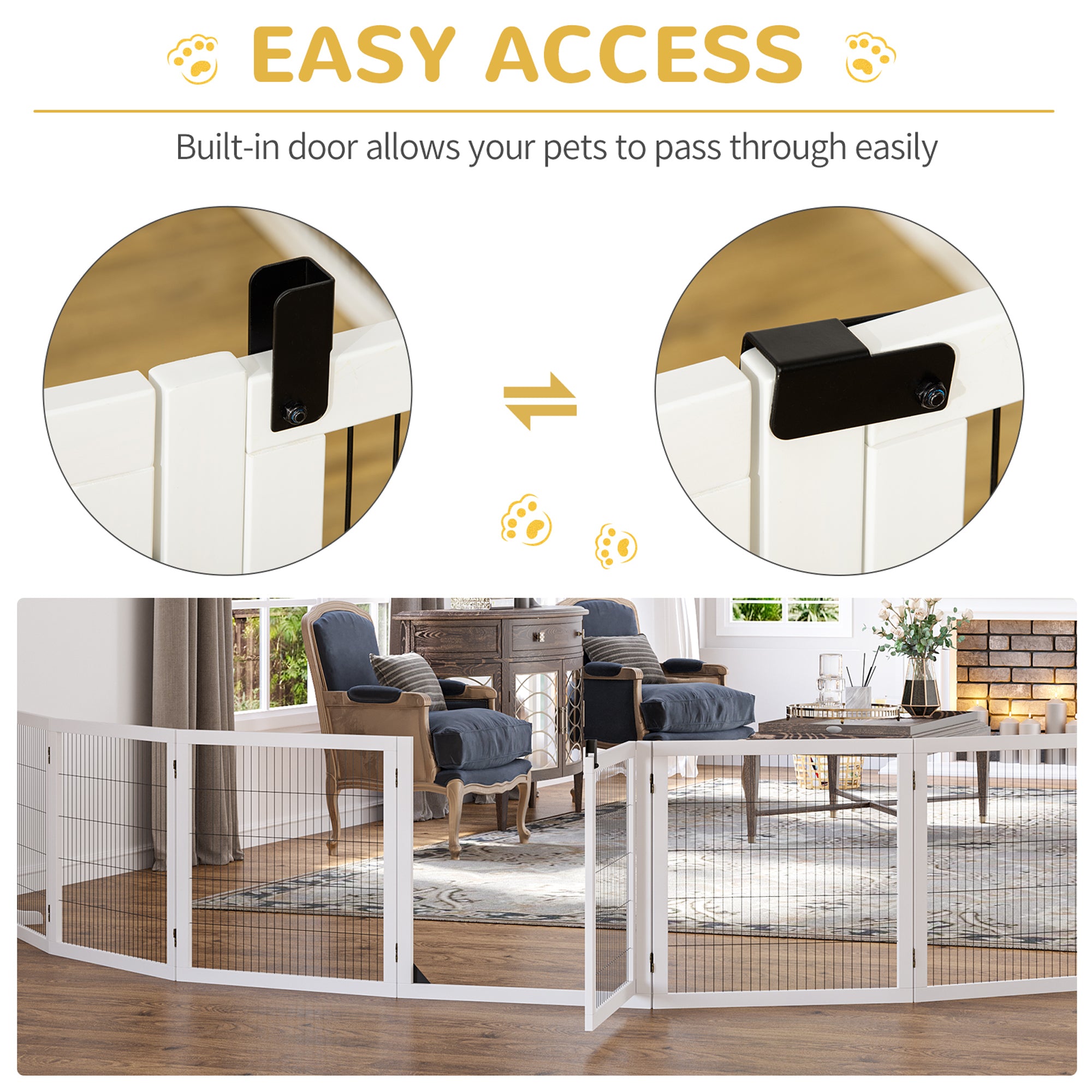 PawHut Wooden Pet Gate, Freestanding Dog Safety Barrier with 2 Support Feet, White