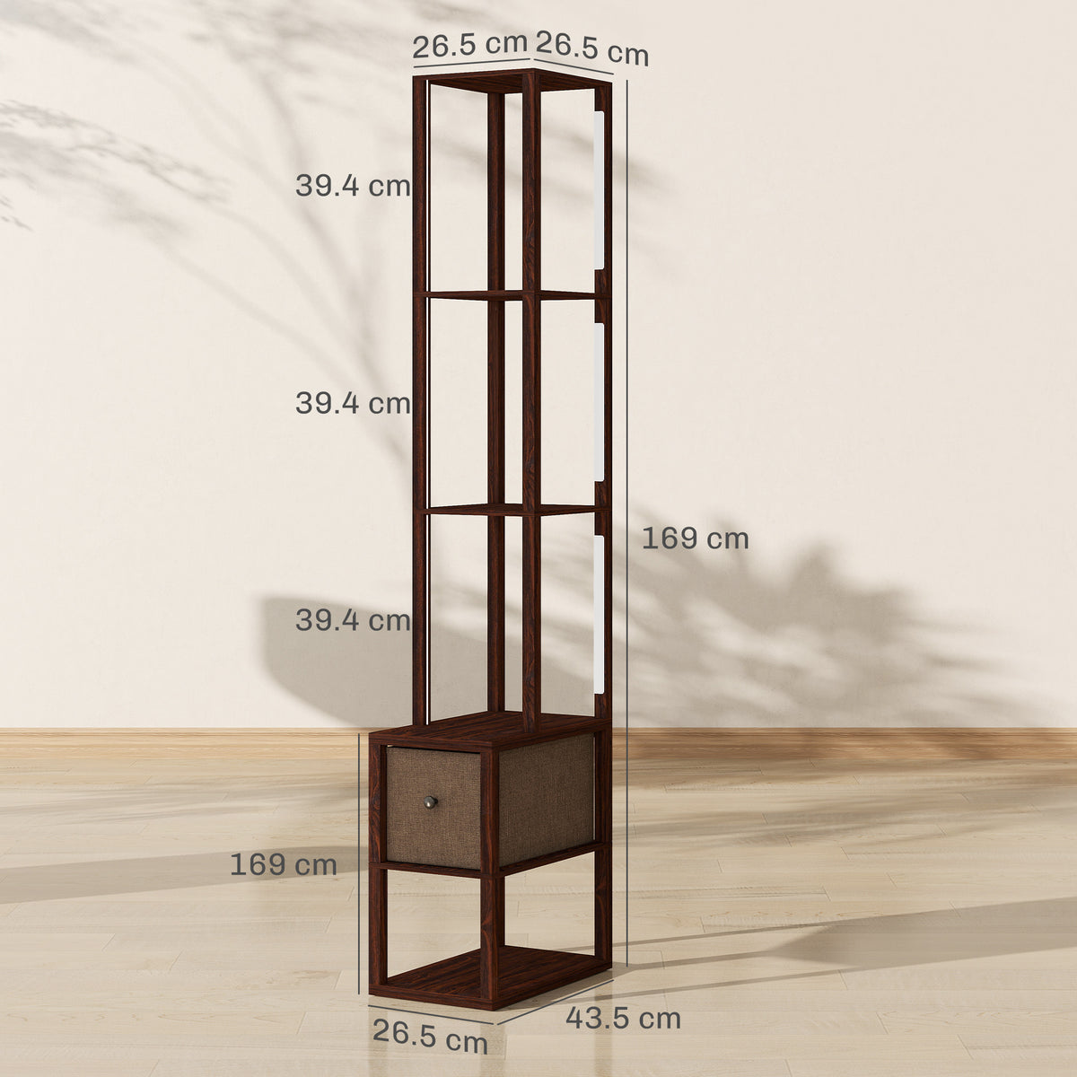Floor Lamp with Shelves, LED Column Modern Standing Lamp with Fabric Drawer, Adjustable Brightness, Foot Switch for Living Room, Bedroom, Office, Dark Brown