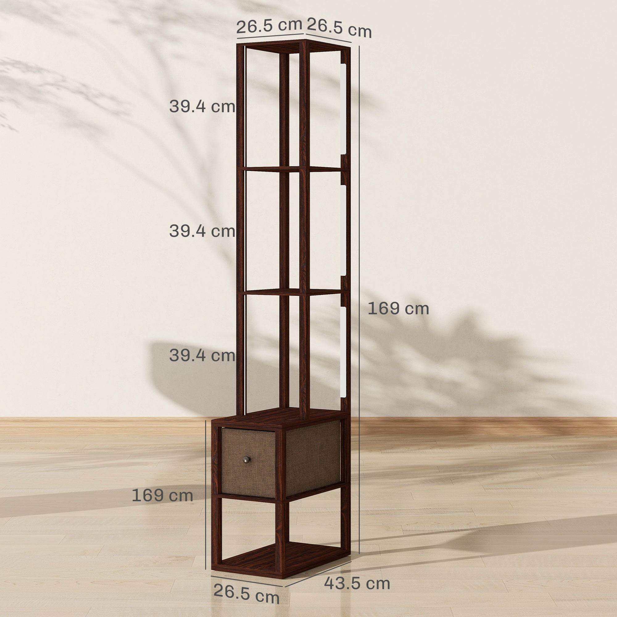 Floor Lamp with Shelves, LED Column Modern Standing Lamp with Fabric Drawer, Adjustable Brightness, Foot Switch for Living Room, Bedroom, Office, Dark Brown