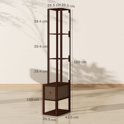 Floor Lamp with Shelves, LED Column Modern Standing Lamp with Fabric Drawer, Adjustable Brightness, Foot Switch for Living Room, Bedroom, Office, Dark Brown