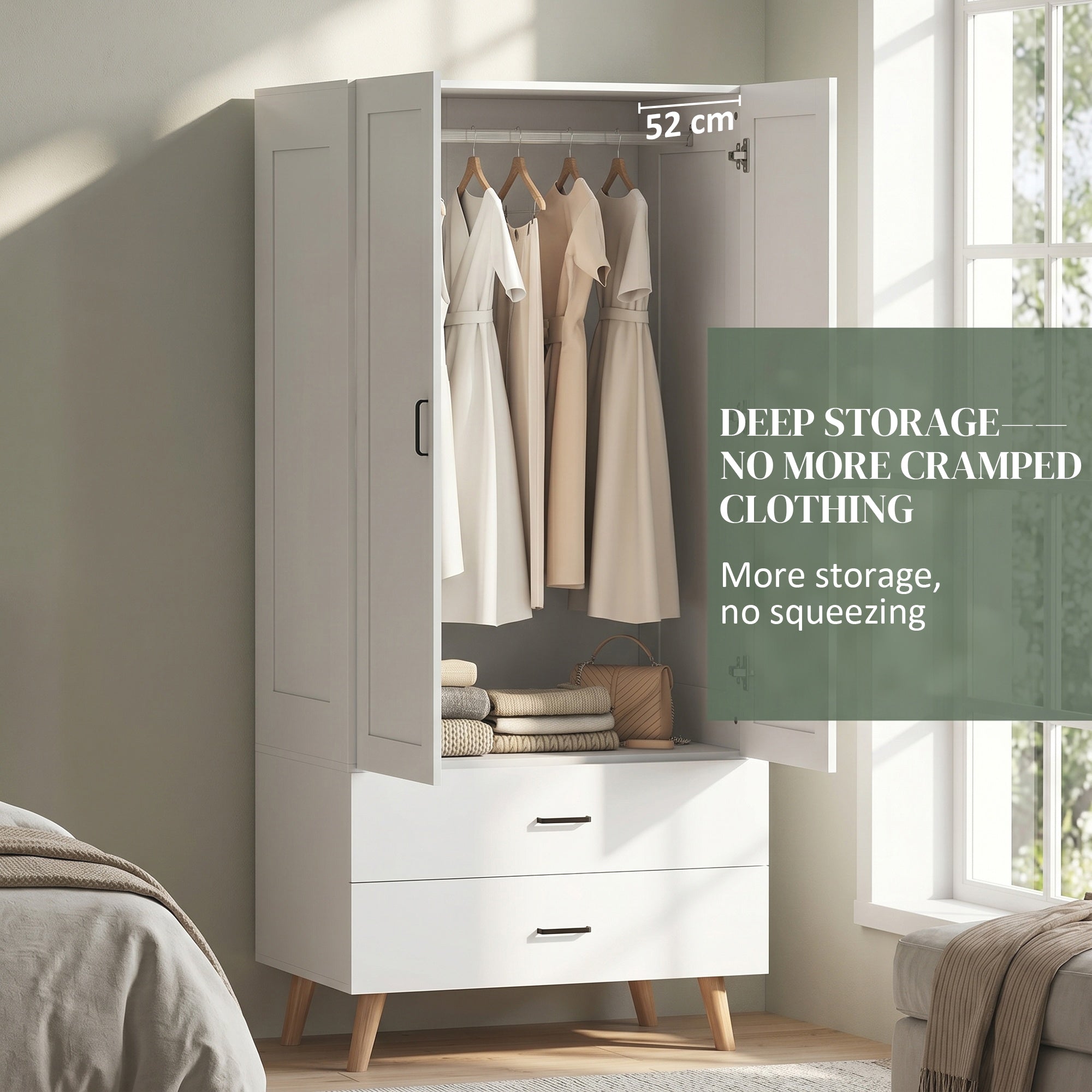 2-Door Wardrobe, Modern Wardrobe with 2 Drawers and Hanging Rail for Bedroom, White