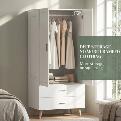 2-Door Wardrobe, Modern Wardrobe with 2 Drawers and Hanging Rail for Bedroom, White