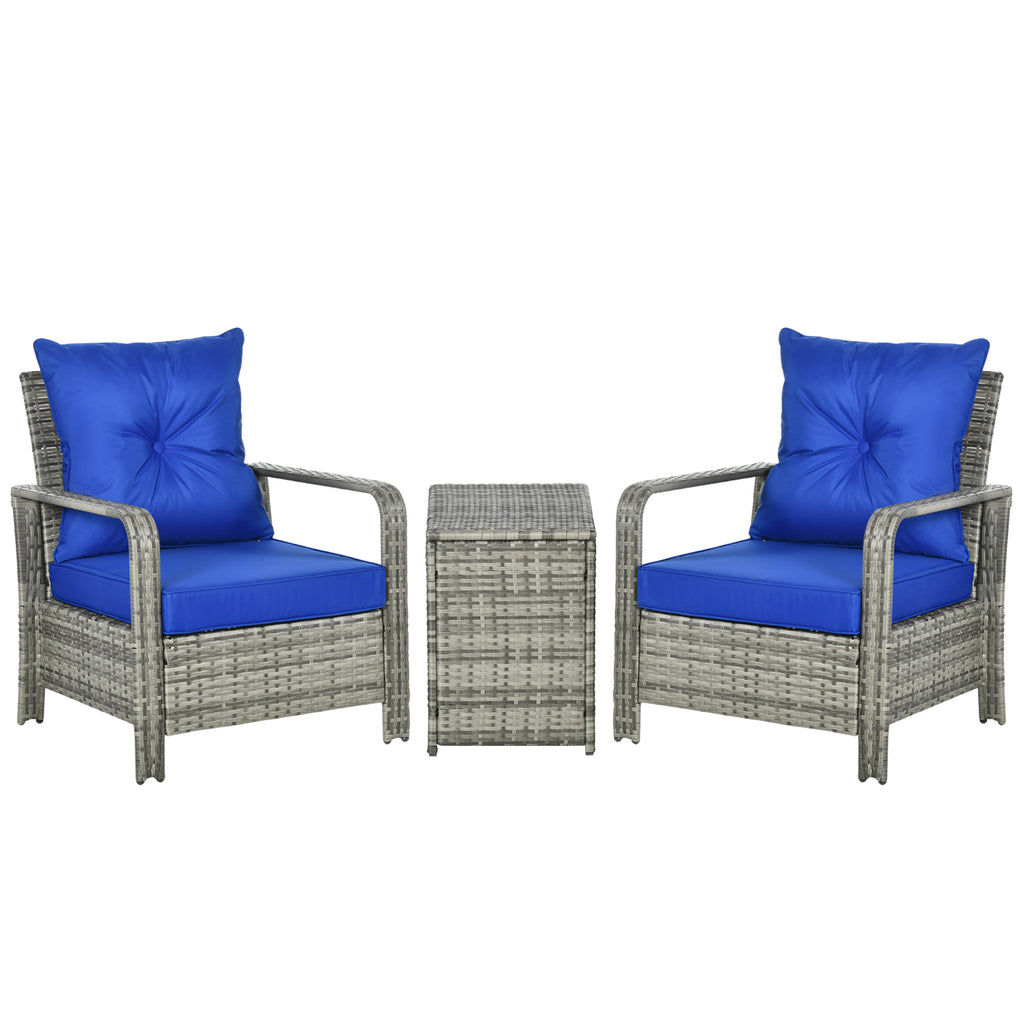 Outsunny 3 Pieces Rattan Bistro Set, Wicker Garden Furniture Set with Storage Coffee Table and Chairs, Thickened Cushions for Outdoor, Patio, Balcony, Blue