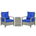 Outsunny 3 Pieces Rattan Bistro Set, Wicker Garden Furniture Set with Storage Coffee Table and Chairs, Thickened Cushions for Outdoor, Patio, Balcony, Blue