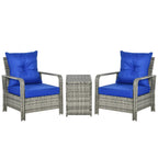 Outsunny 3 Pieces Rattan Bistro Set, Wicker Garden Furniture Set with Storage Coffee Table and Chairs, Thickened Cushions for Outdoor, Patio, Balcony, Blue