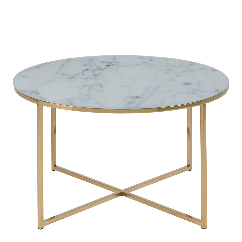 Alyssa Round Coffee Table with White Marble Effect Glass Top & Gold Legs