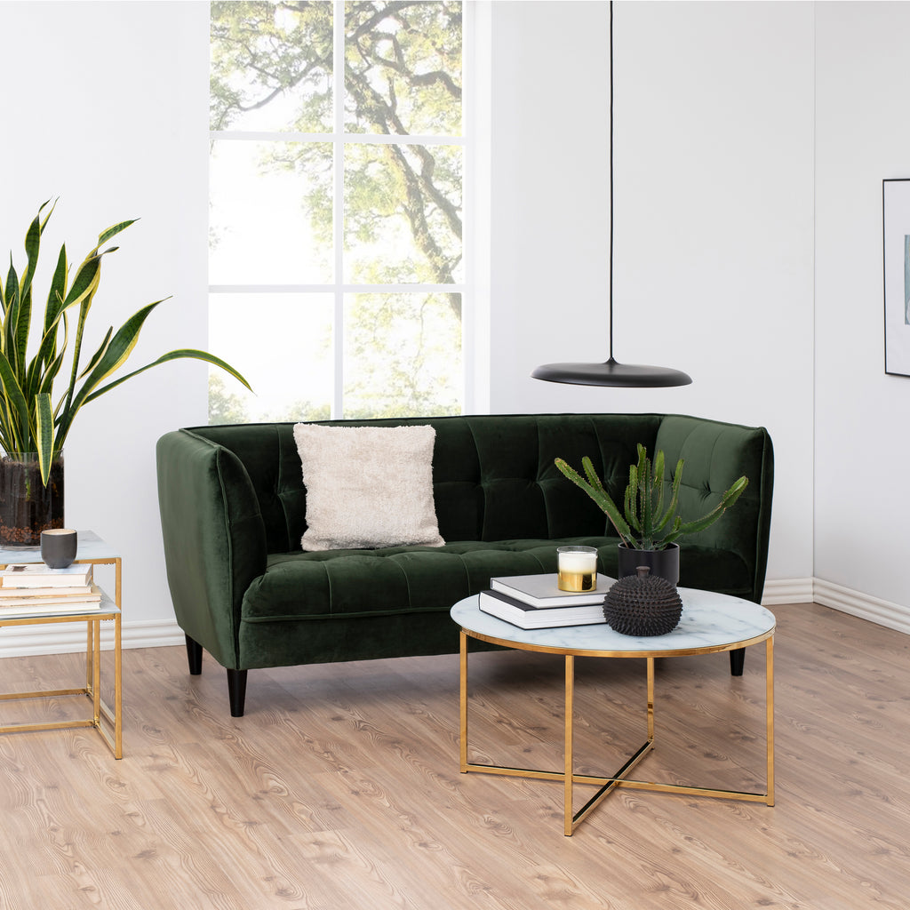 Alyssa Round Coffee Table with White Marble Effect Glass Top & Gold Legs