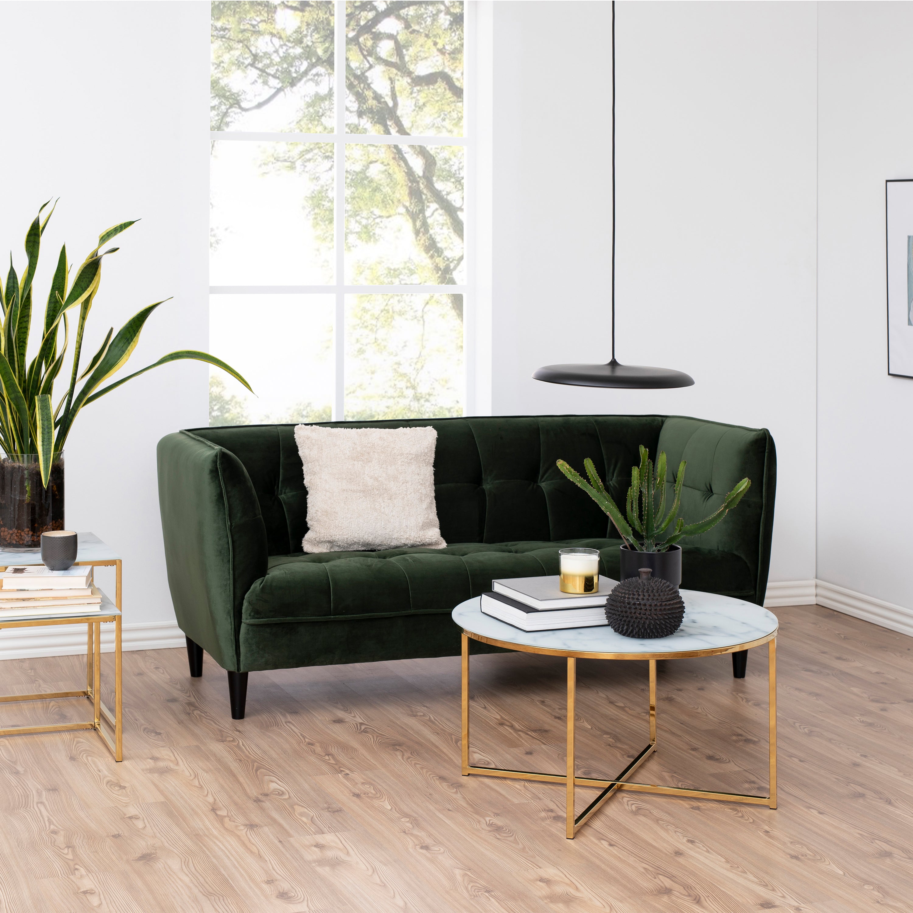 Alyssa Round Coffee Table with White Marble Effect Glass Top & Gold Legs