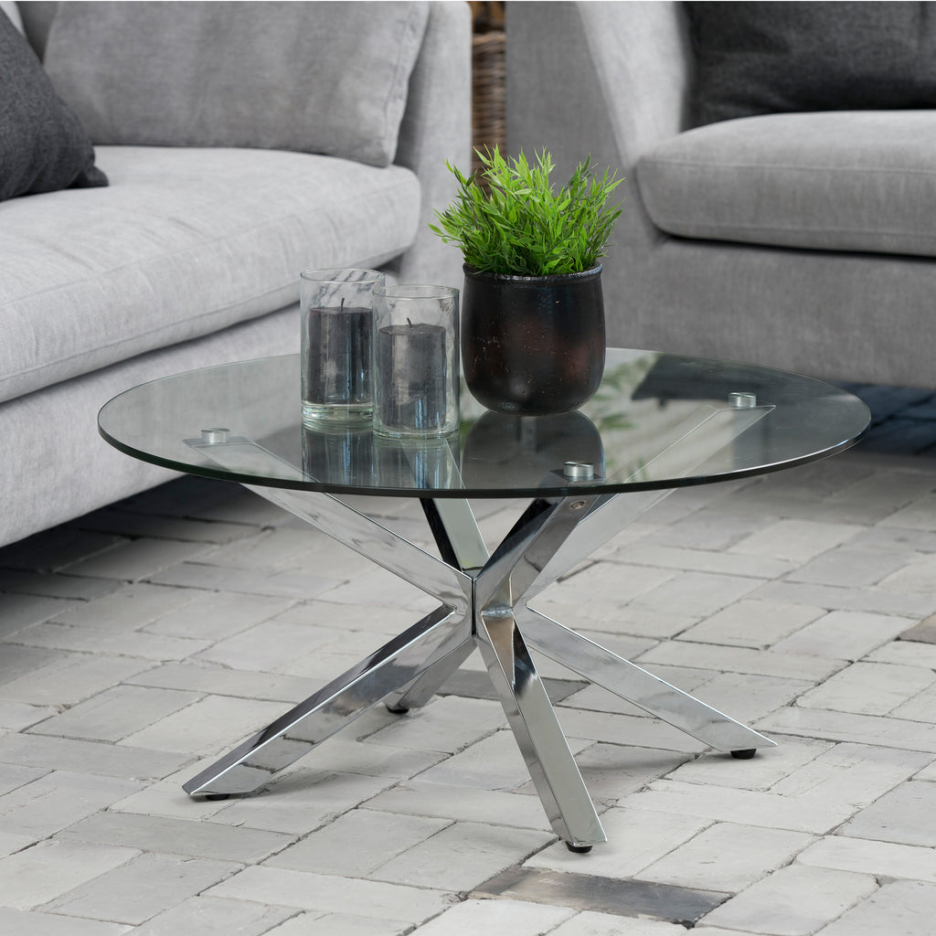 Harlow Round Coffee Table with Glass Top and Chrome Legs