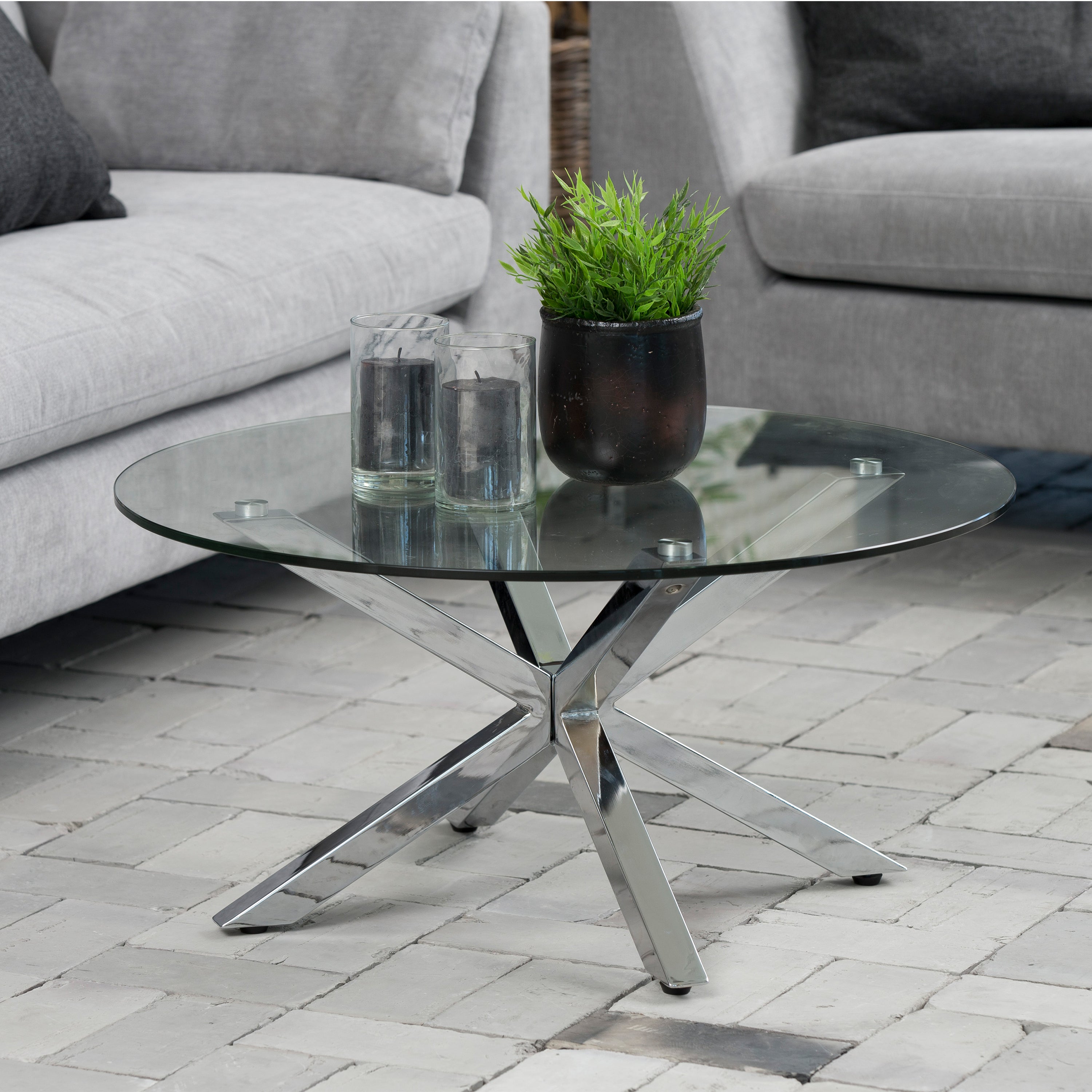Harlow Round Coffee Table with Glass Top and Chrome Legs