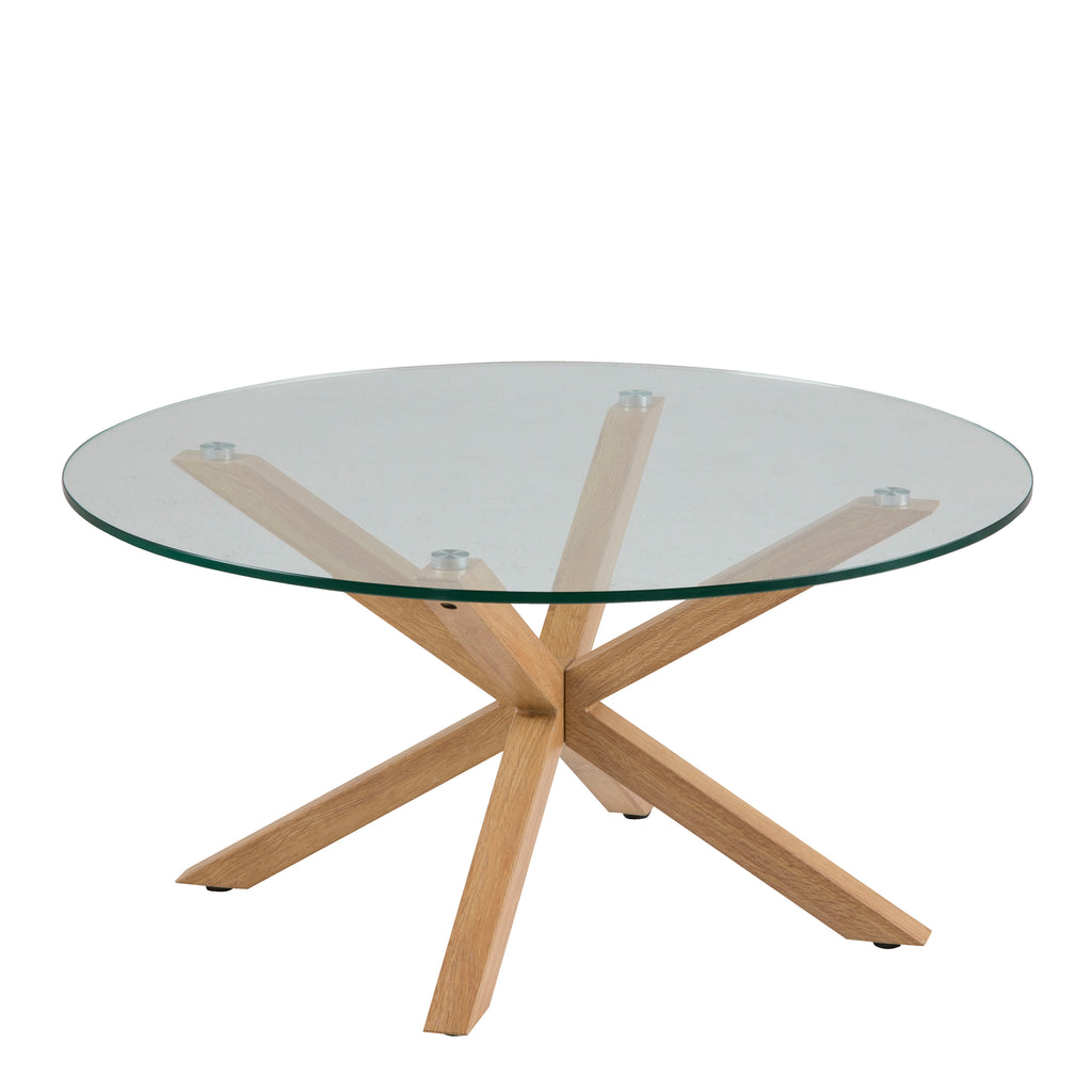 Harlow Round Coffee Table with Smoked Glass Top and Oak Legs
