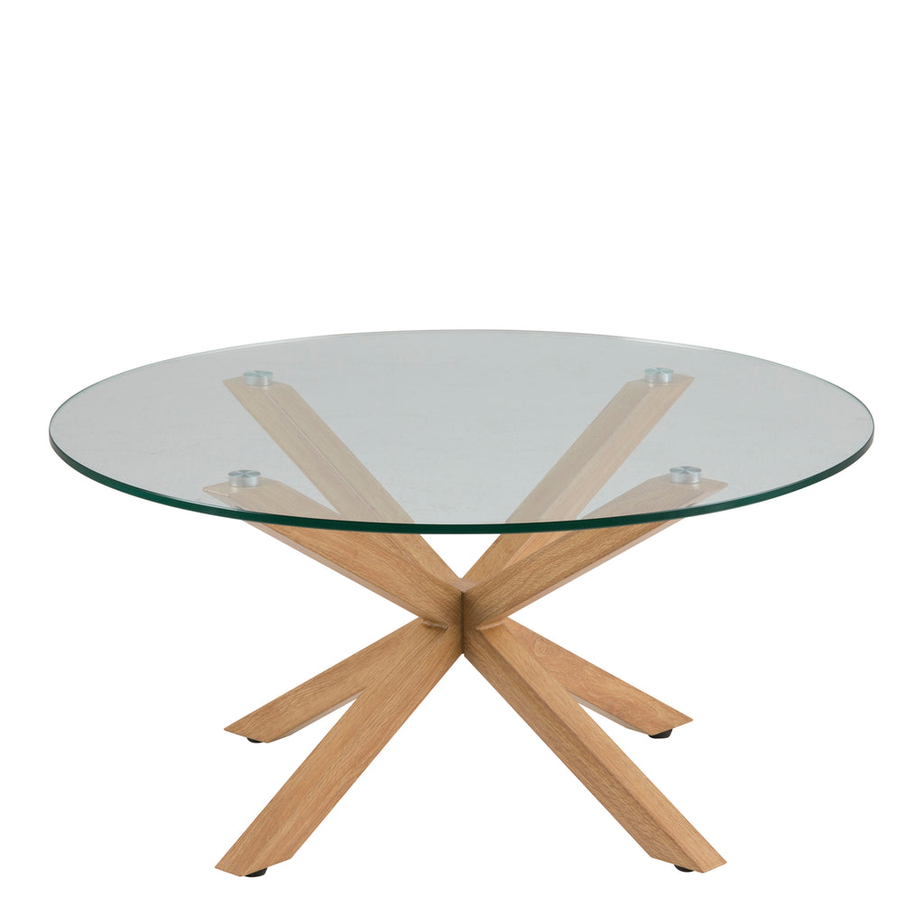 Harlow Round Coffee Table with Smoked Glass Top and Oak Legs