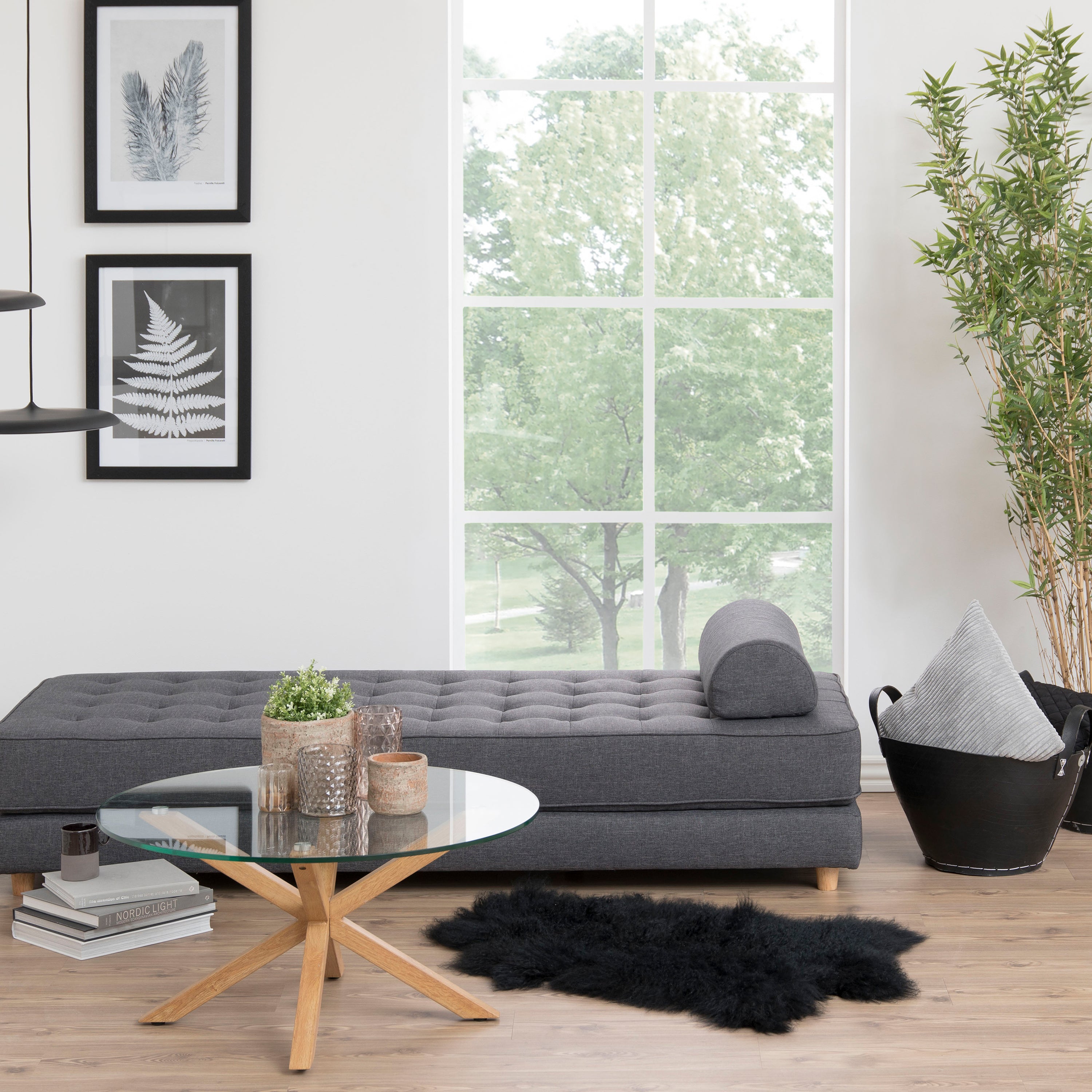 Harlow Round Coffee Table with Smoked Glass Top and Oak Legs