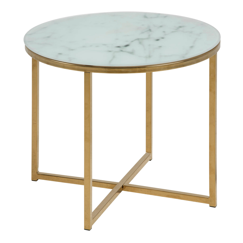 Alyssa Round Side Table with White Crystal Clear Marble Glass Top & Gold Legs