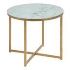 Alyssa Round Side Table with White Crystal Clear Marble Glass Top & Gold Legs