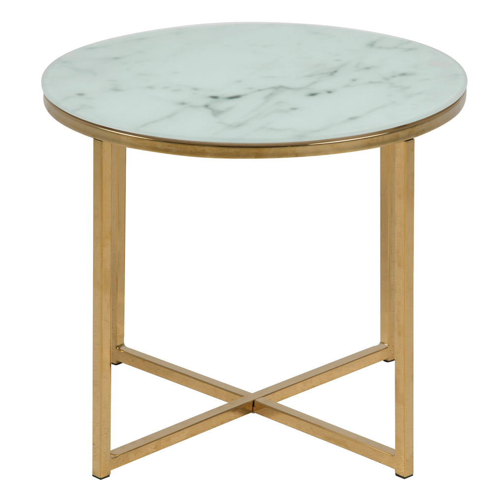 Alyssa Round Side Table with White Crystal Clear Marble Glass Top & Gold Legs
