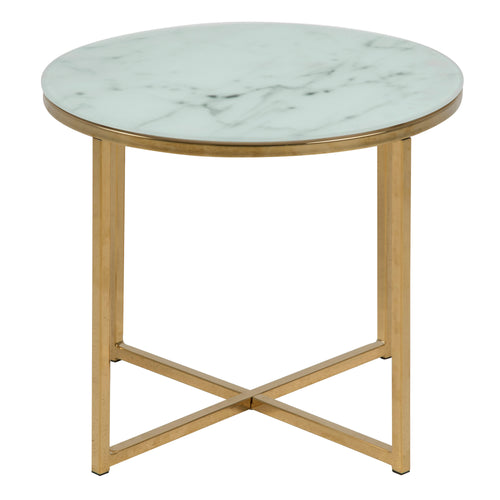 Alyssa Round Side Table with White Crystal Clear Marble Glass Top & Gold Legs