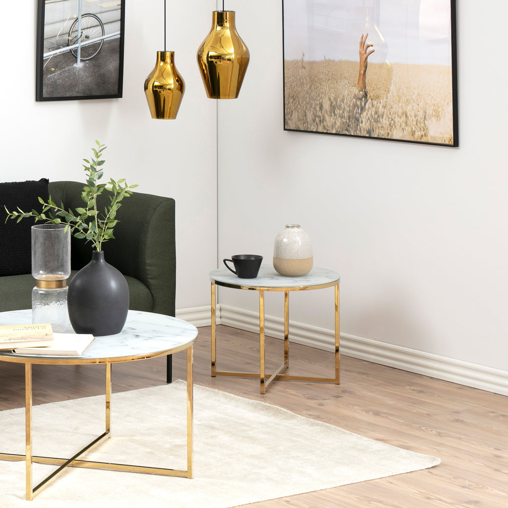 Alyssa Round Side Table with White Crystal Clear Marble Glass Top & Gold Legs