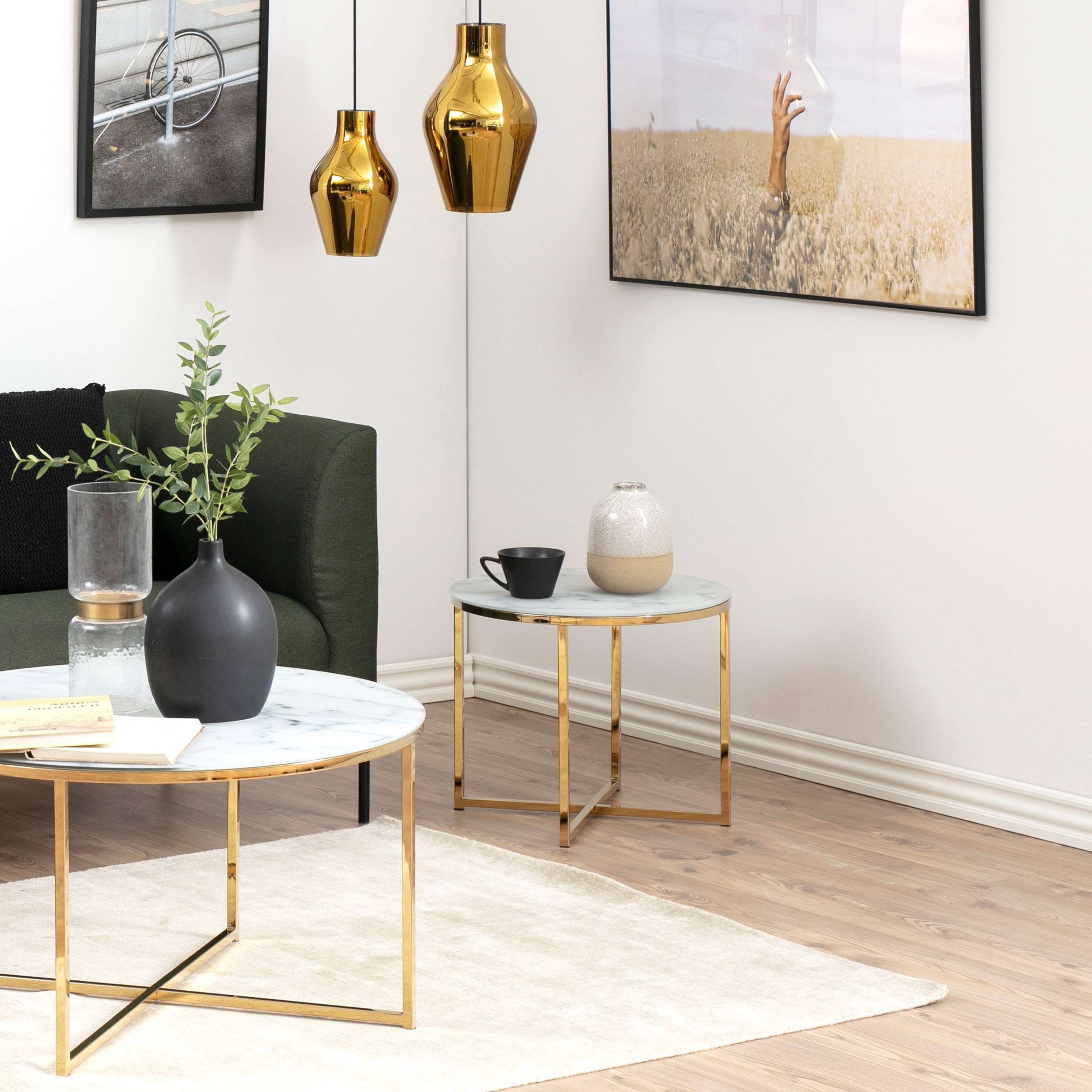Alyssa Round Side Table with White Crystal Clear Marble Glass Top & Gold Legs