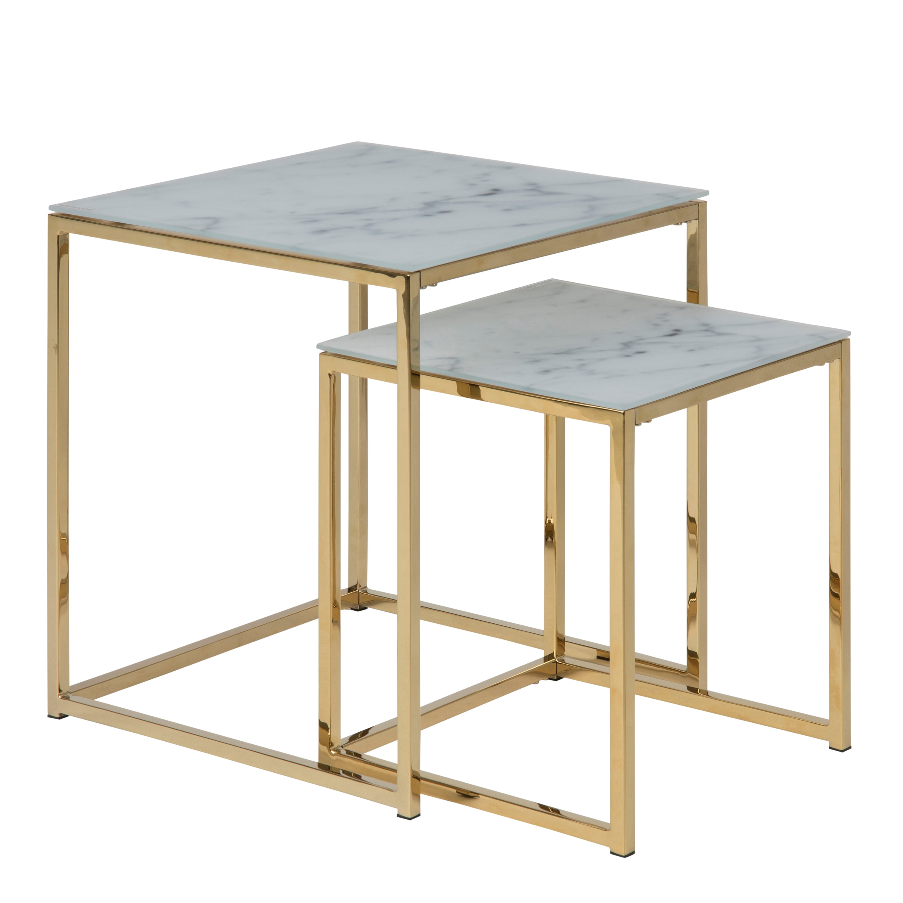 Alyssa Nest of Tables with White Crystal Clear Marble Glass Top & Gold Legs