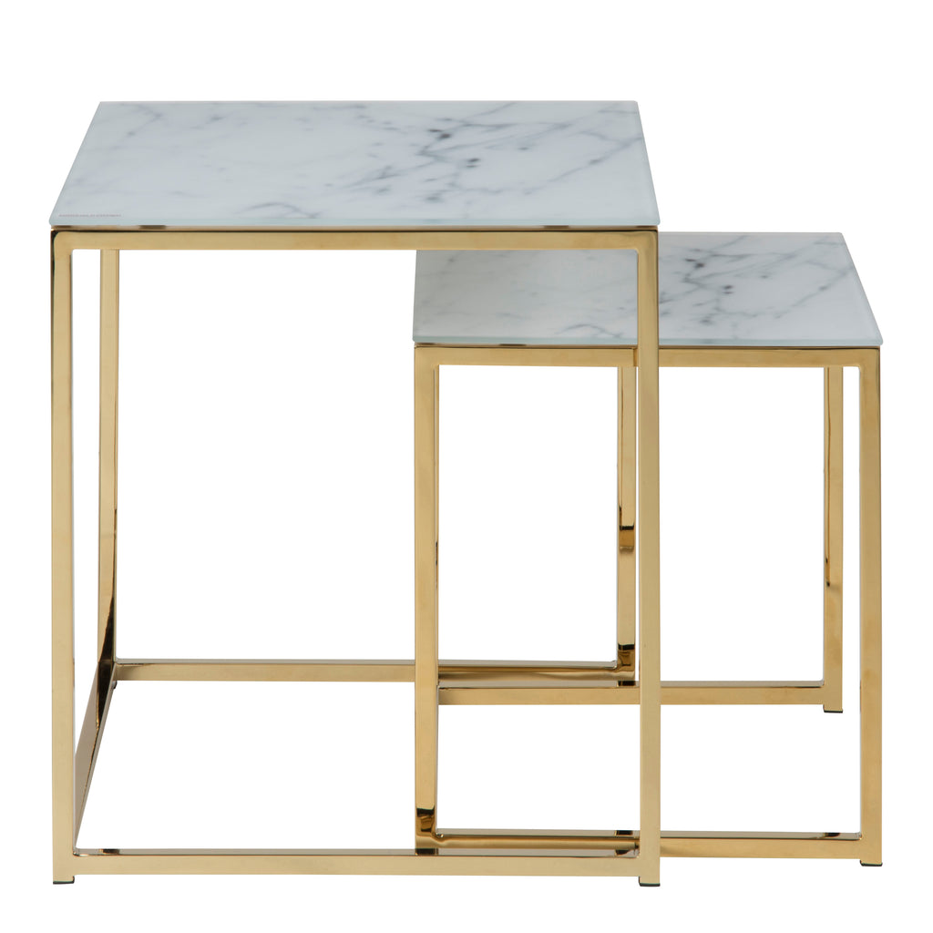 Alyssa Nest of Tables with White Crystal Clear Marble Glass Top & Gold Legs