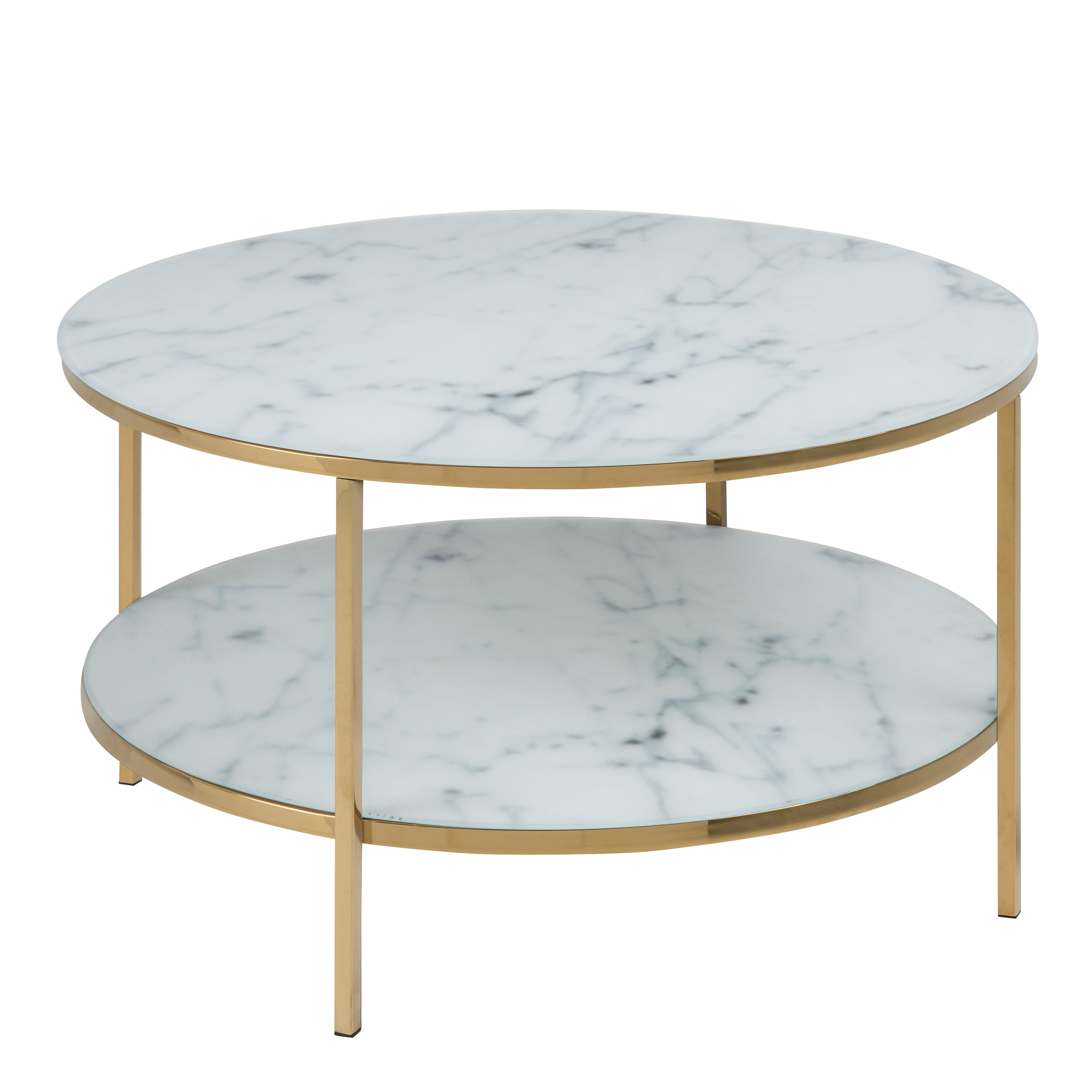 Alyssa Round Coffee Table with White Crystal Clear Marble Glass Top & Gold Legs