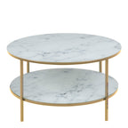 Alyssa Round Coffee Table with White Crystal Clear Marble Glass Top & Gold Legs