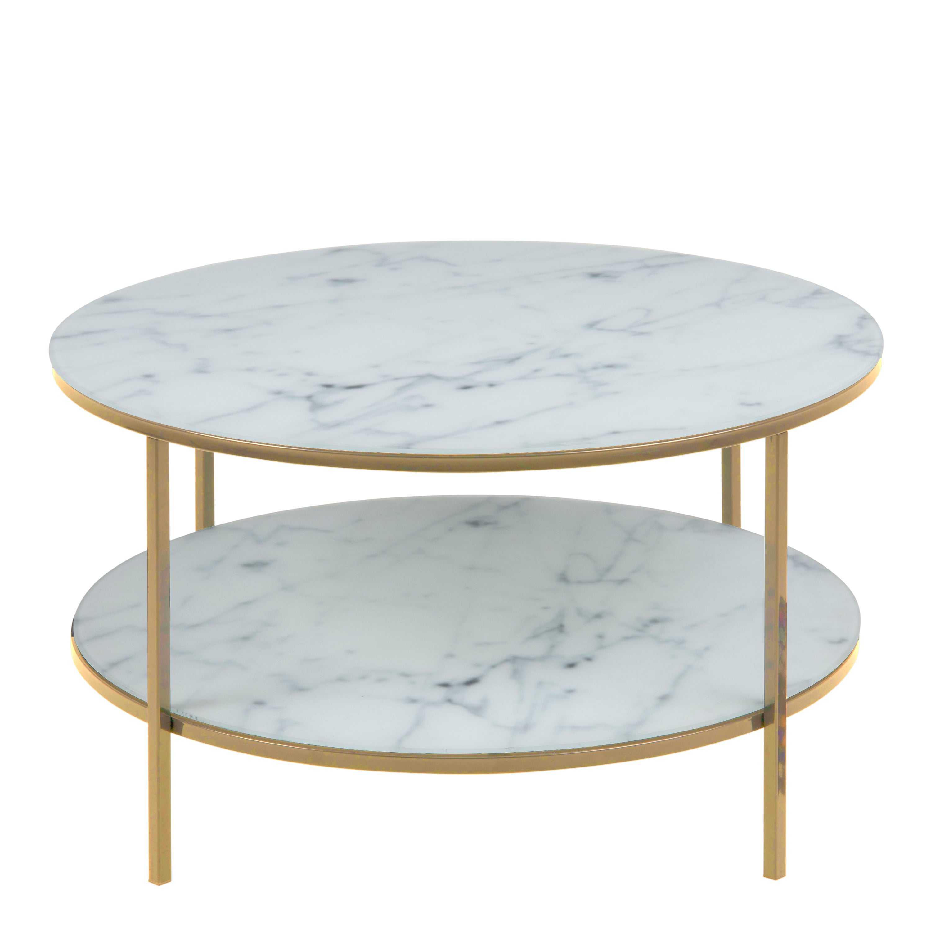 Alyssa Round Coffee Table with White Crystal Clear Marble Glass Top & Gold Legs