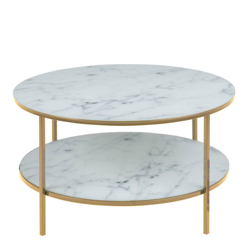 Alyssa Round Coffee Table with White Crystal Clear Marble Glass Top & Gold Legs