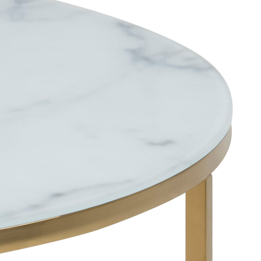 Alyssa Round Coffee Table with White Crystal Clear Marble Glass Top & Gold Legs
