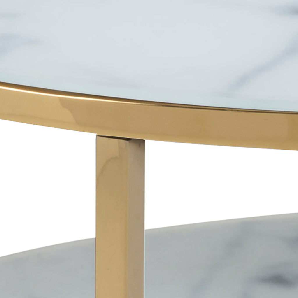 Alyssa Round Coffee Table with White Crystal Clear Marble Glass Top & Gold Legs